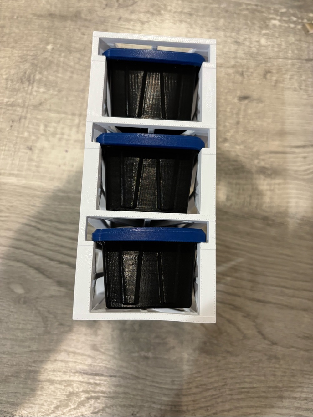 Stackable 3-Tier Small Parts Organizer - Black Bins with Blue Lids